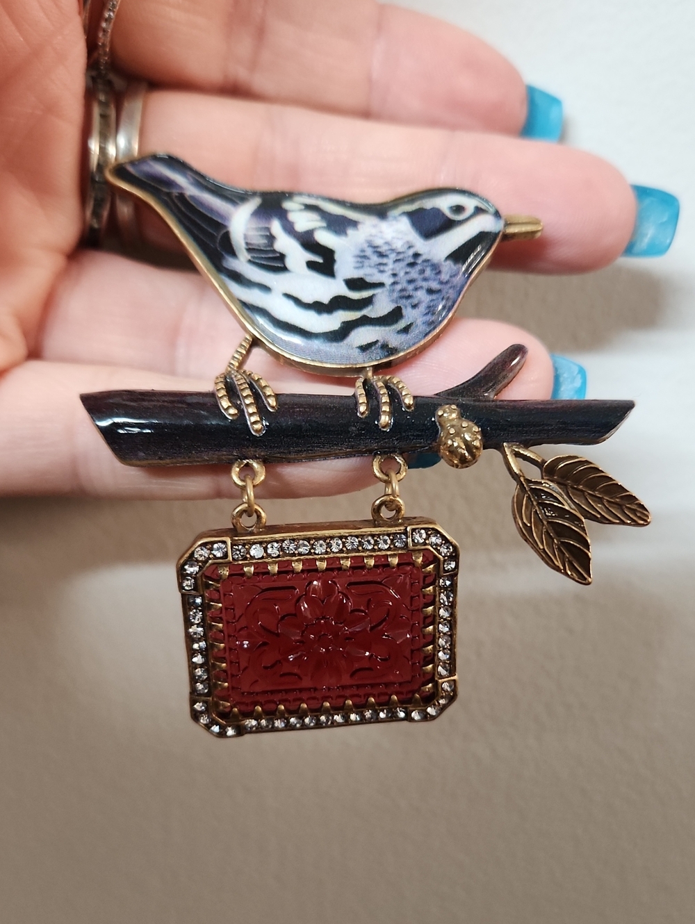 Forian F&L Gold-Tone Enamel Bird Brooch with Red Carved